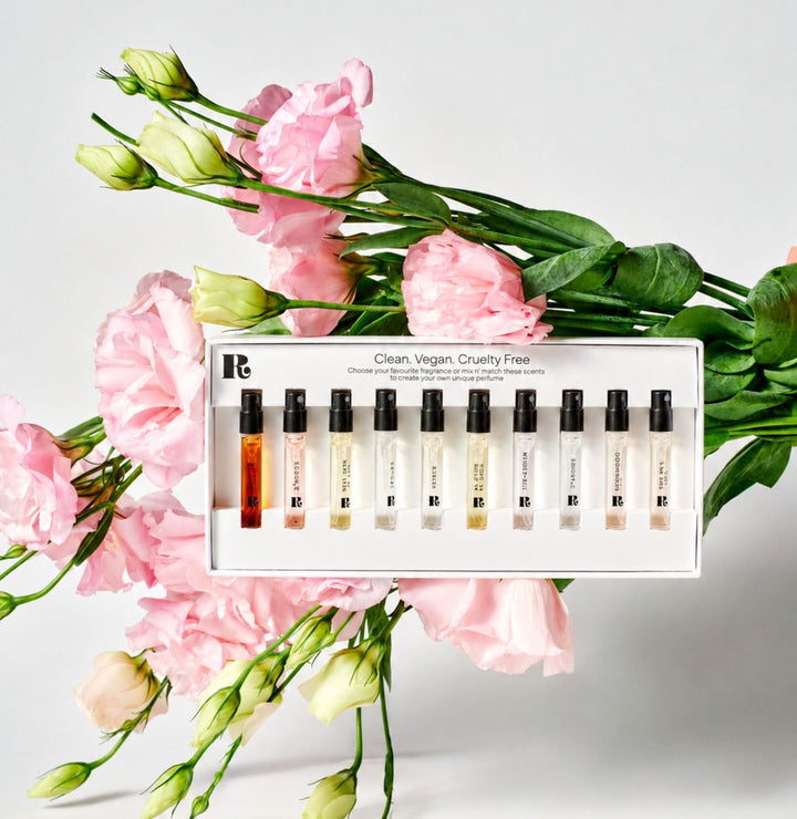 Recreation Beauty perfume Discovery Set with ten spray samples and pink flowers