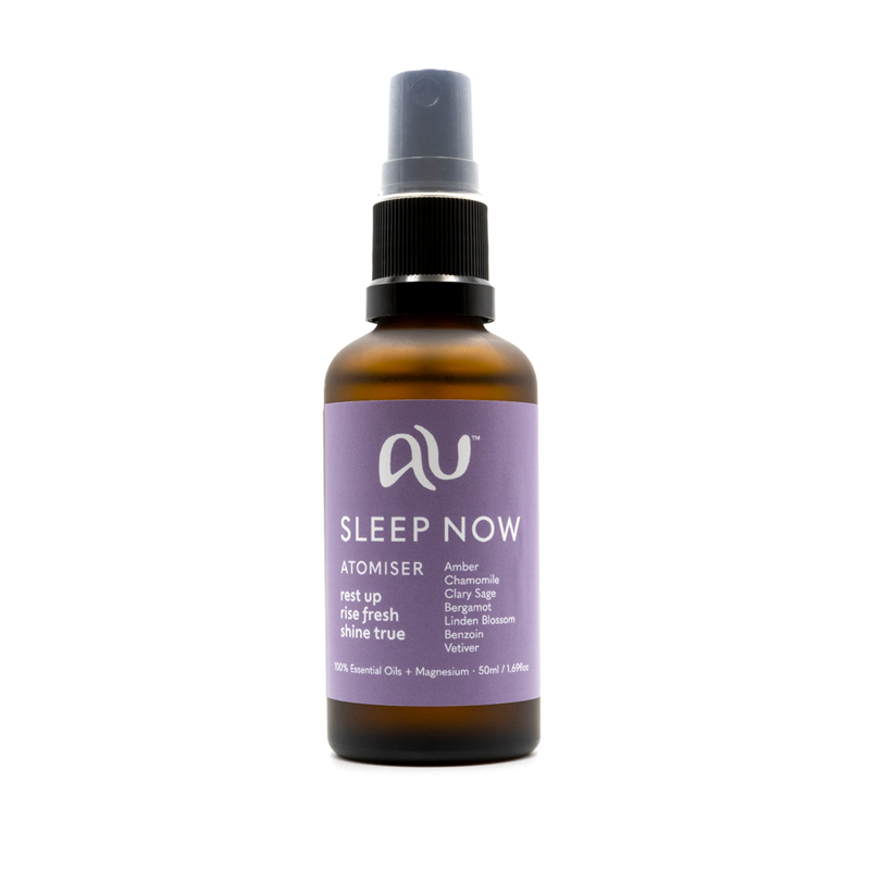 Abundance Unlimited Sleep Now Atomiser bottle is made of amber coloured glass and has a lilac and white label, it sits on a white background