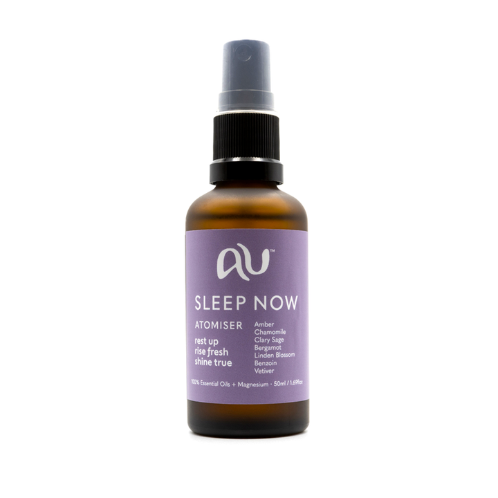 Abundance Unlimited Sleep Now Atomiser bottle is made of amber coloured glass and has a lilac and white label, it sits on a white background