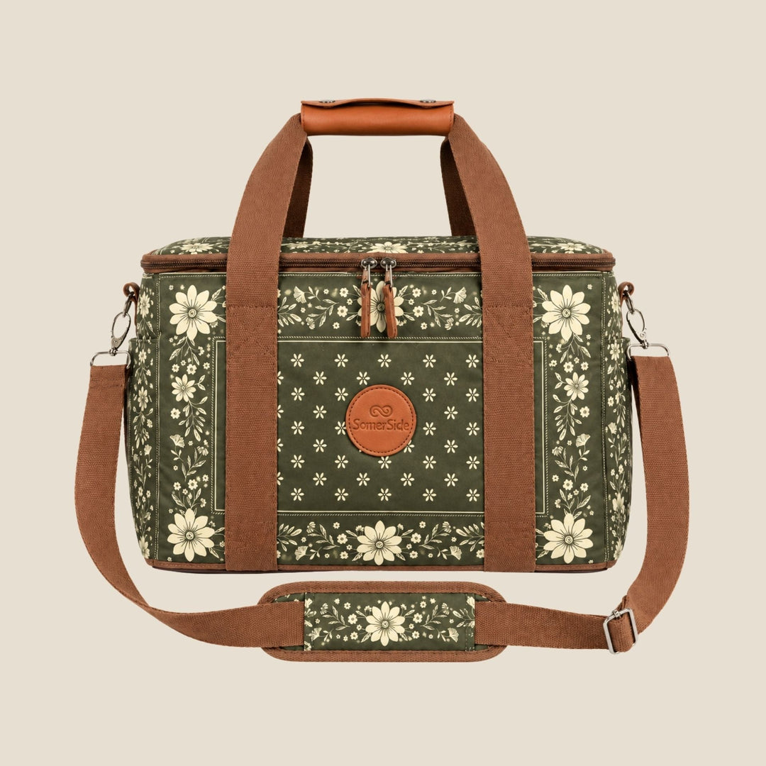 SomerSide Eden 18L insulated cooler bag in an olive-green floral bandana print, front studio view with shoulder strap
