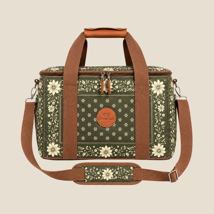 SomerSide Eden 18L insulated cooler bag in an olive-green floral bandana print, front studio view with shoulder strap