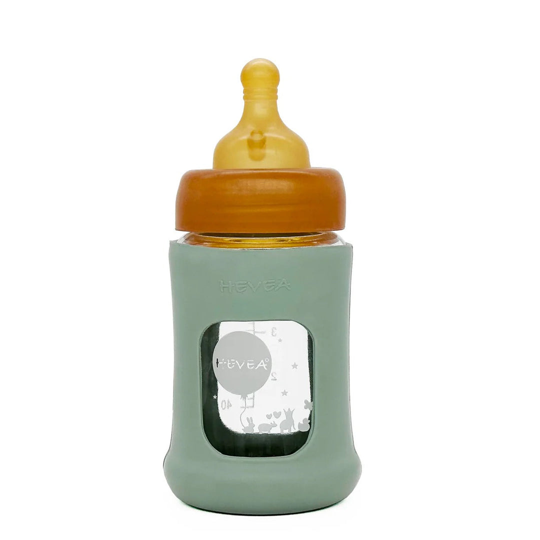 Hevea Wide Neck Glass Baby Bottle with Sleeve – 150 mL – Seafoam Blue
