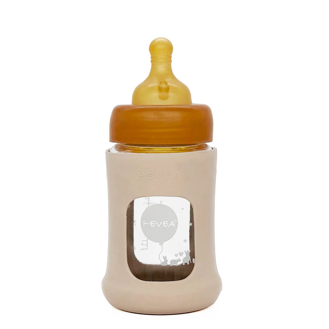 Hevea Wide Neck Glass Baby Bottle with Sleeve – 150 mL – Sand