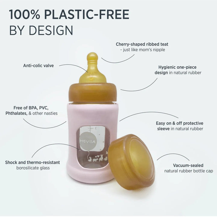 Hevea Wide Neck Glass Baby Bottle with Sleeve – 150 mL – product details