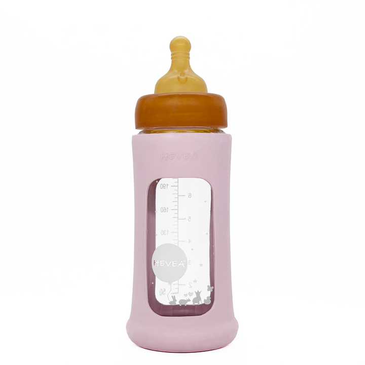 Hevea Wide Neck Glass Baby Bottle with Sleeve – 250 mL – Powder Pink