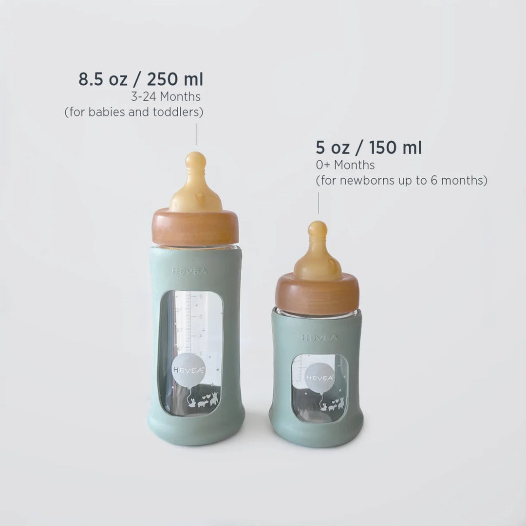 Hevea Wide Neck Glass Baby Bottle with Sleeve – 250 mL – product details