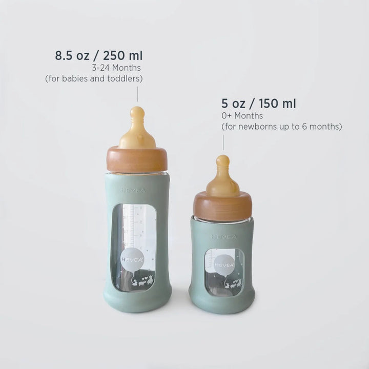 Hevea Wide Neck Glass Baby Bottle with Sleeve – 250 mL – product details