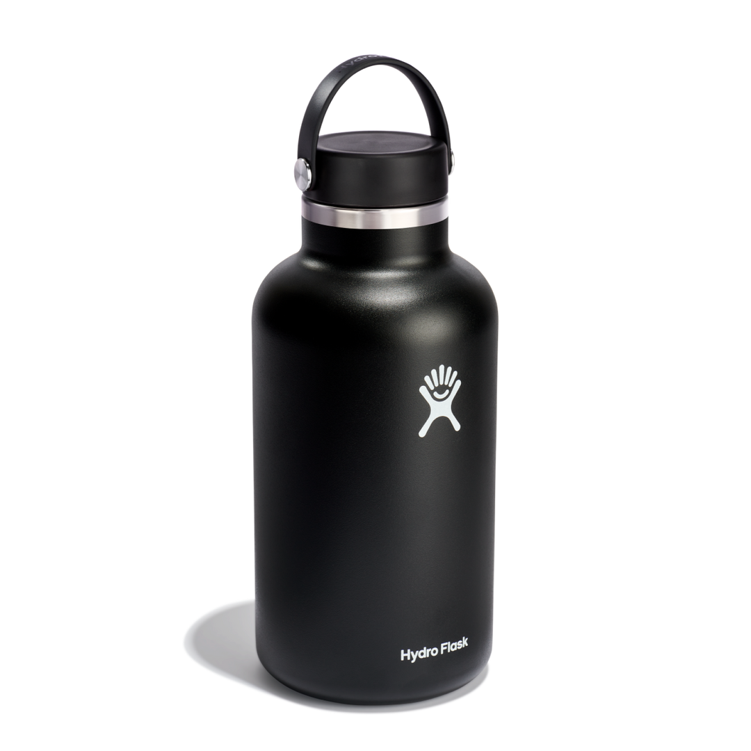 Hydro Flask 64oz (1.9L) Wide Mouth bottle in Black – angled view with Flex Cap