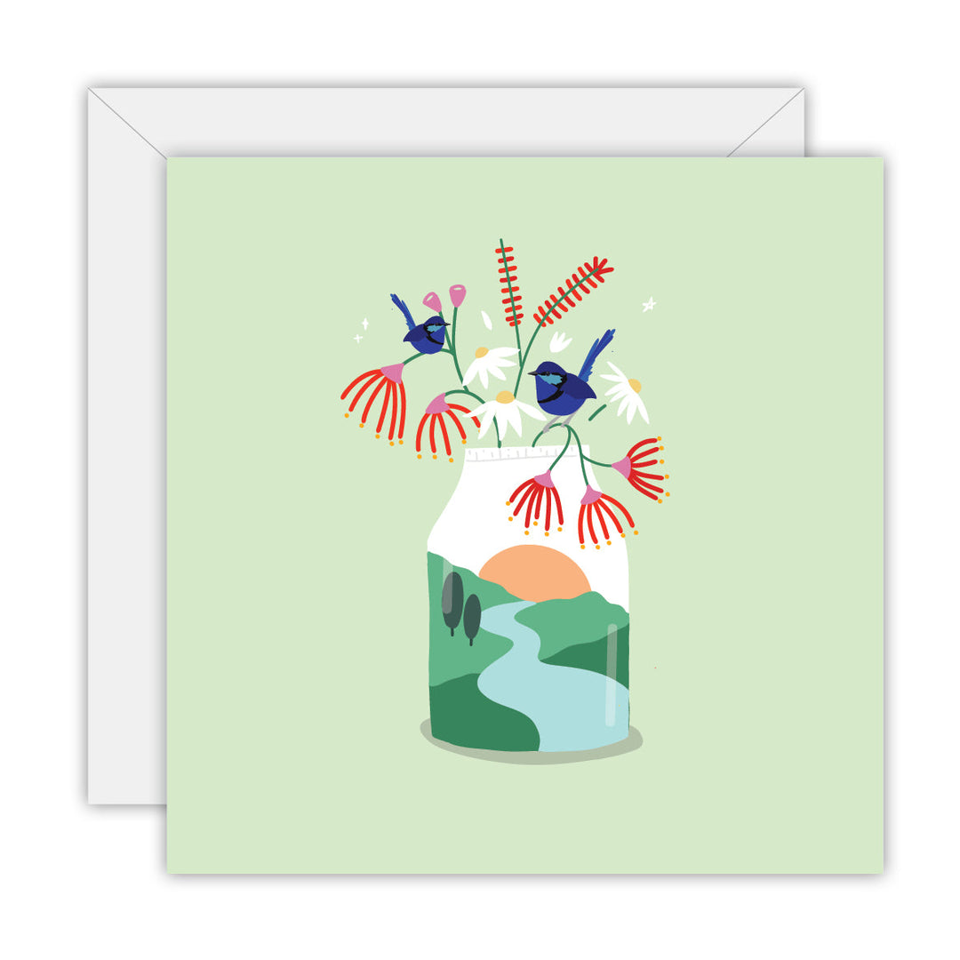 Floral with Blue Wren greeting card