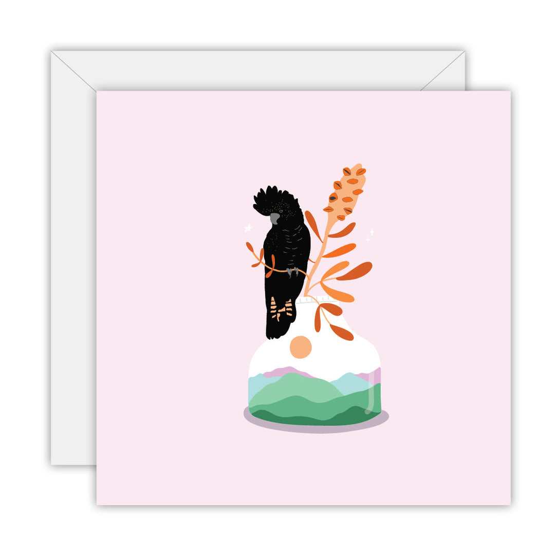 Floral with Red-Tailed Black Cockatoo greeting card