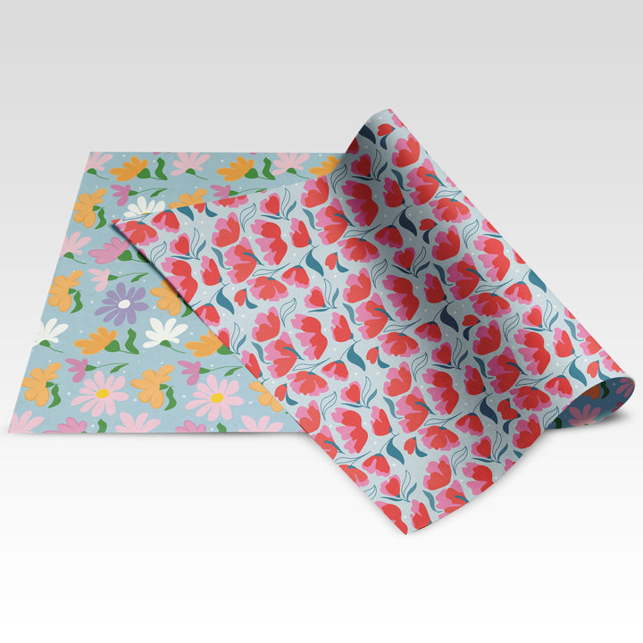Floral – Red & Blue / Orange & Blue double-sided wrapping paper showing both sides