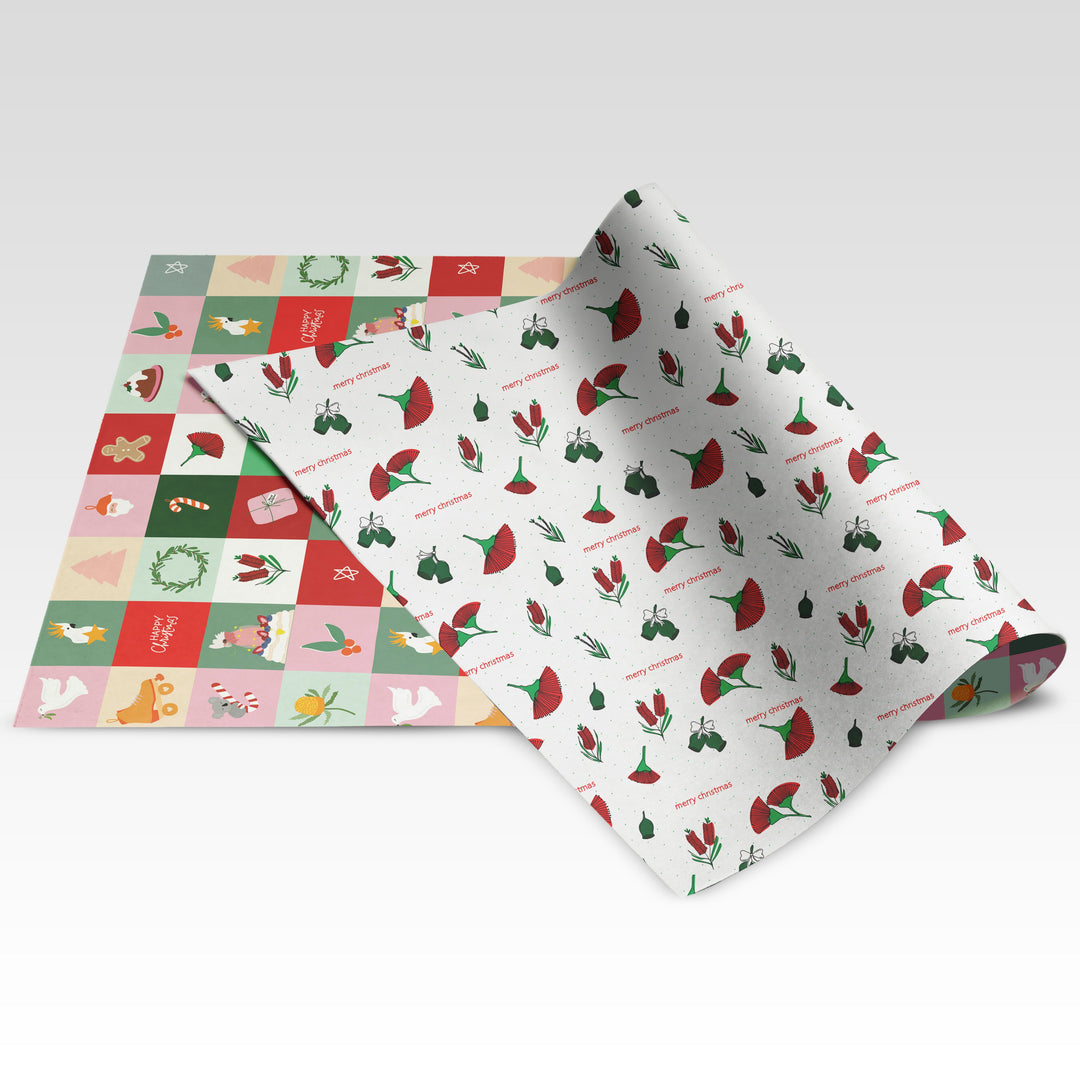 Christmas – Australian Floral Christmas / Christmas Tiles double-sided wrapping paper showing both sides