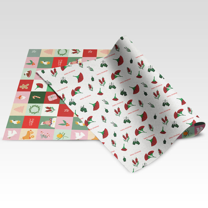 Christmas – Australian Floral Christmas / Christmas Tiles double-sided wrapping paper showing both sides
