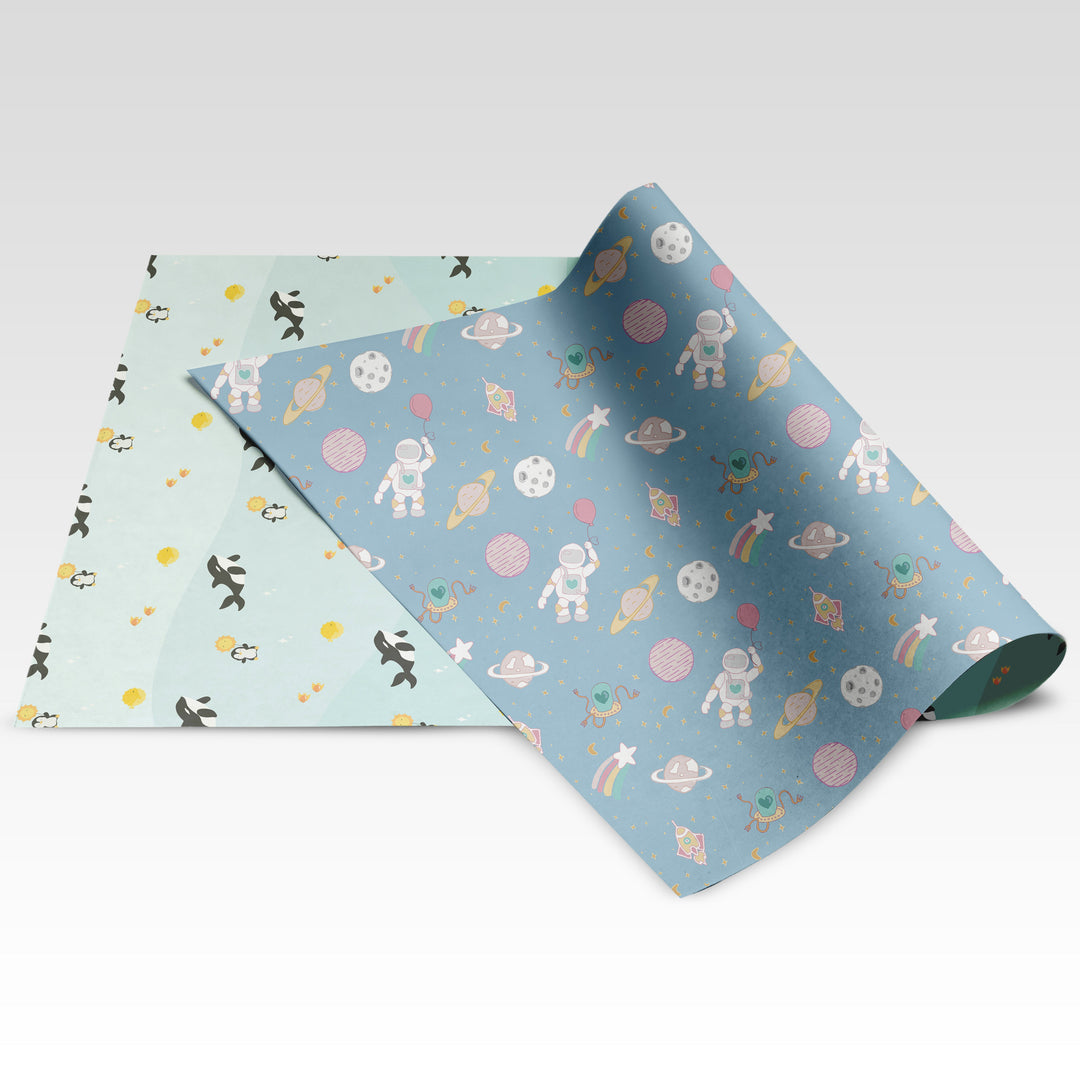 Out of This World / Under the Sea double-sided wrapping paper showing both sides