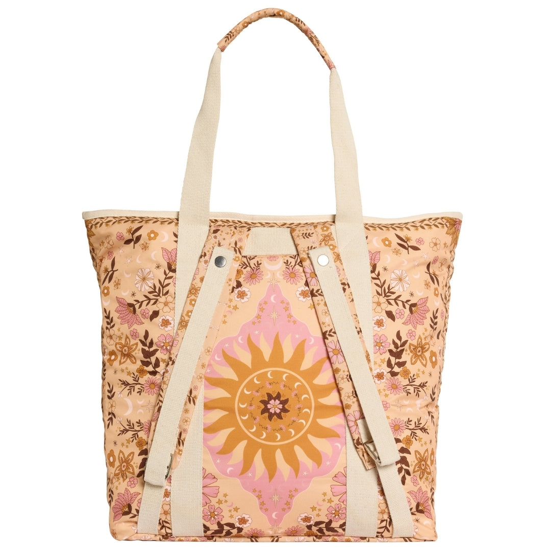 SomerSide Boho Sun pink 40L convertible beach bag, rear view showing backpack strap arrangement