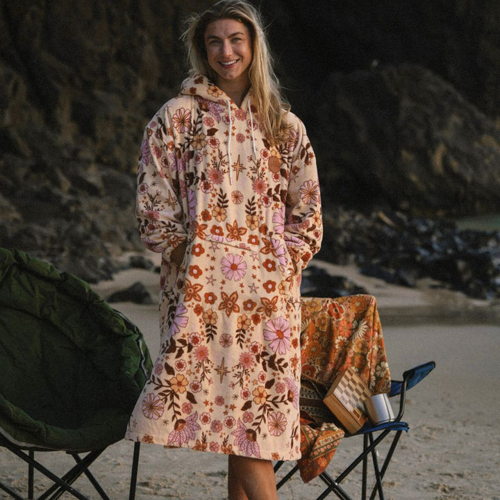 SomerSide Boho Sun organic cotton long-sleeve changing poncho, front worn view