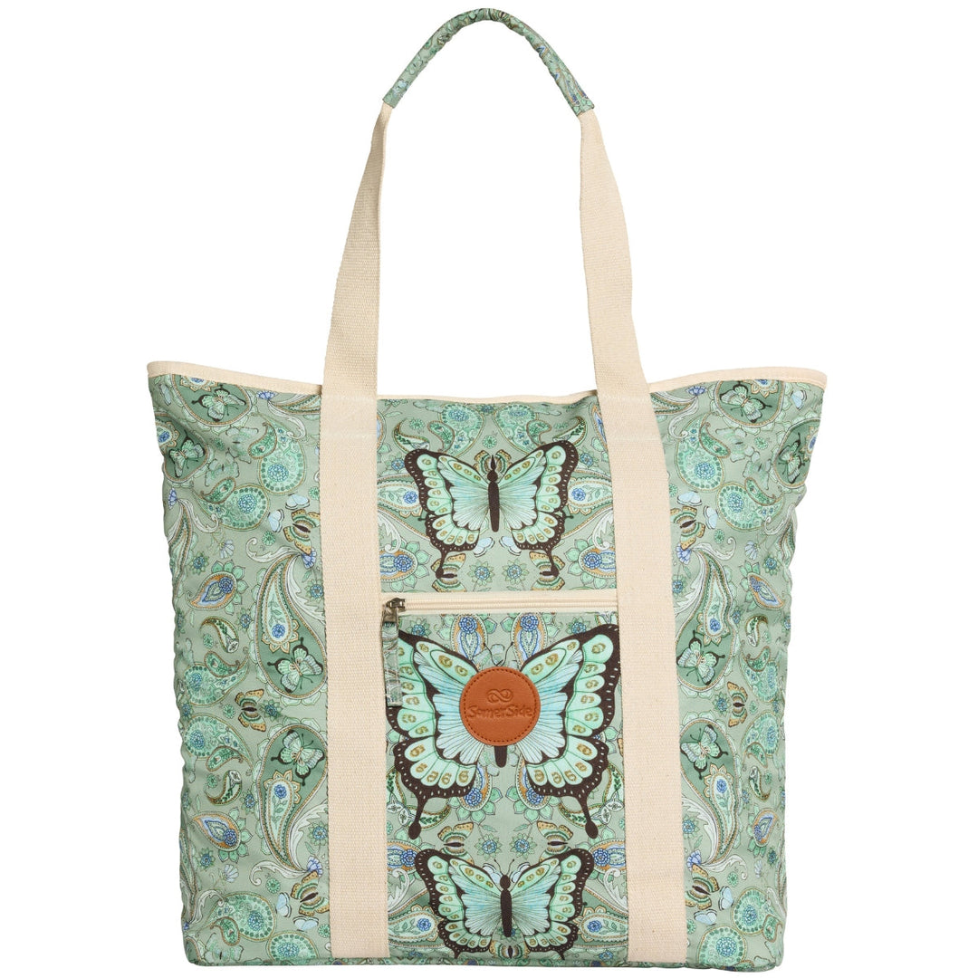 SomerSide Butterfly Effect 40L convertible beach bag, turquoise butterfly and paisley print, front studio view