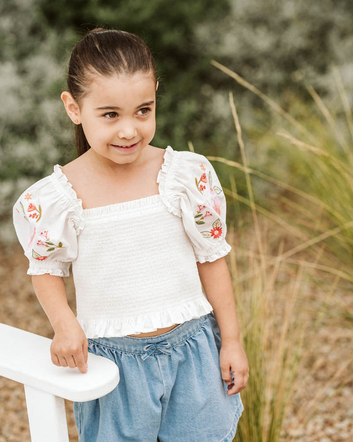 Paradiso Embroidered Shirred Top 3–7 Years – White – view 1