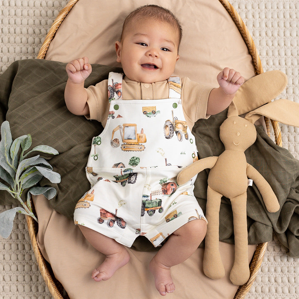 Snuggle Hunny Diggers & Tractors organic overall shorts