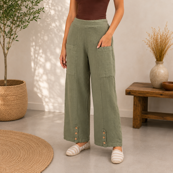 Vera May 6434 linen pants – sage front