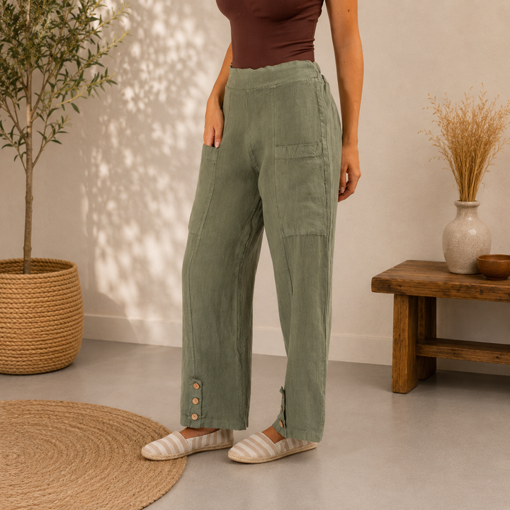 Vera May 6434 linen pants – sage detail