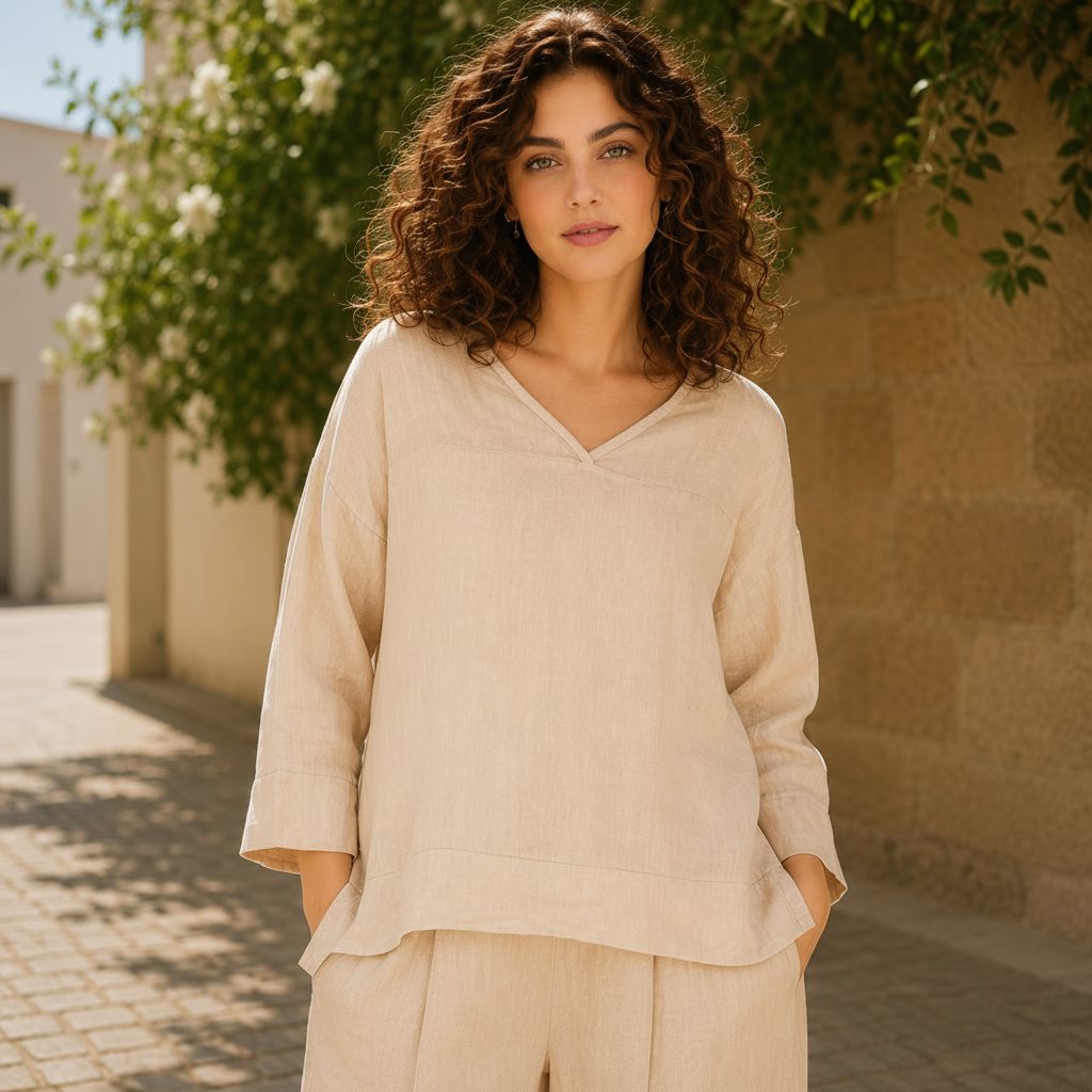 Vera May 6671 v-neck linen top – ecru front