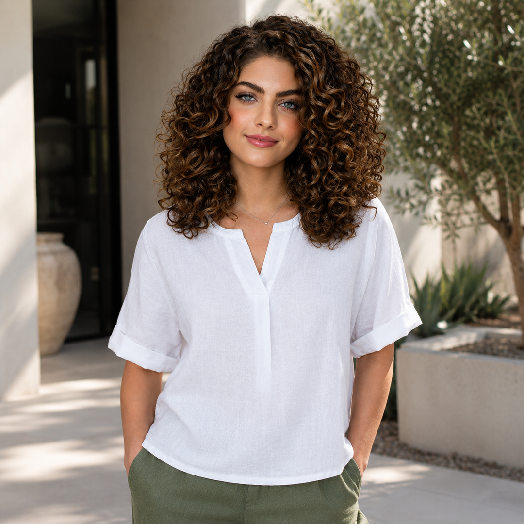 Vera May 6714 split-neck linen top – bianco front