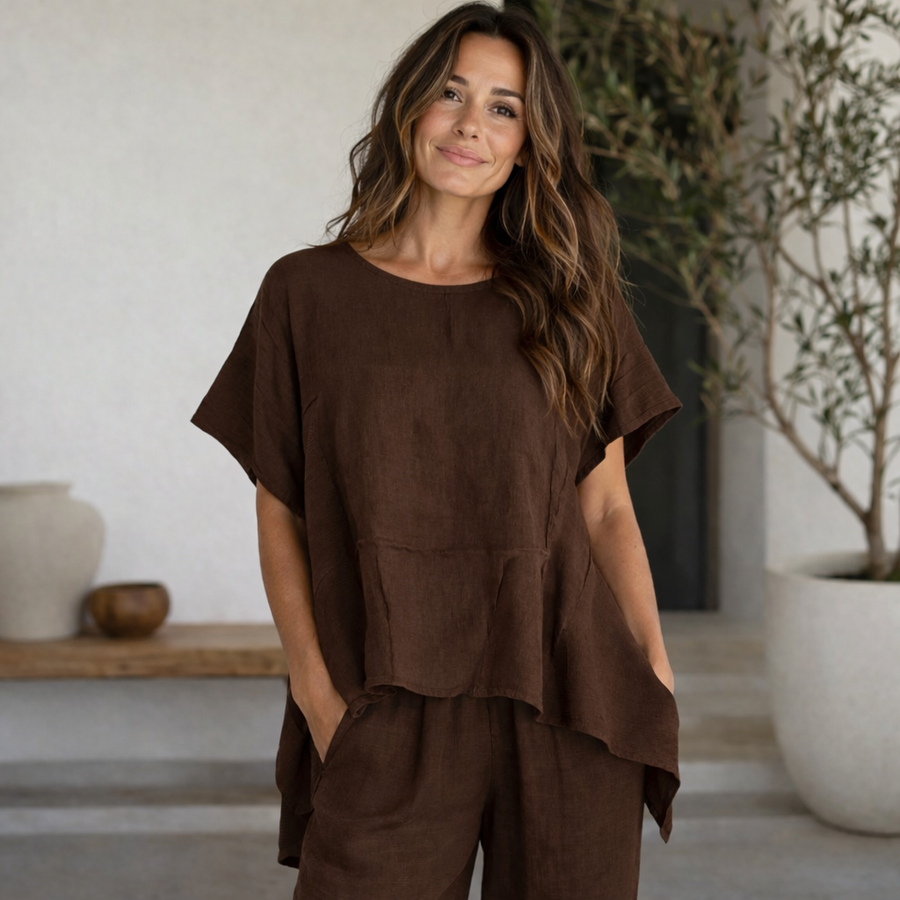Vera May 6833 Italian linen top in Mocha — front view